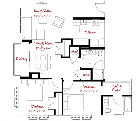 Floor plan for 2 beds, 2 baths, 1062 sqft